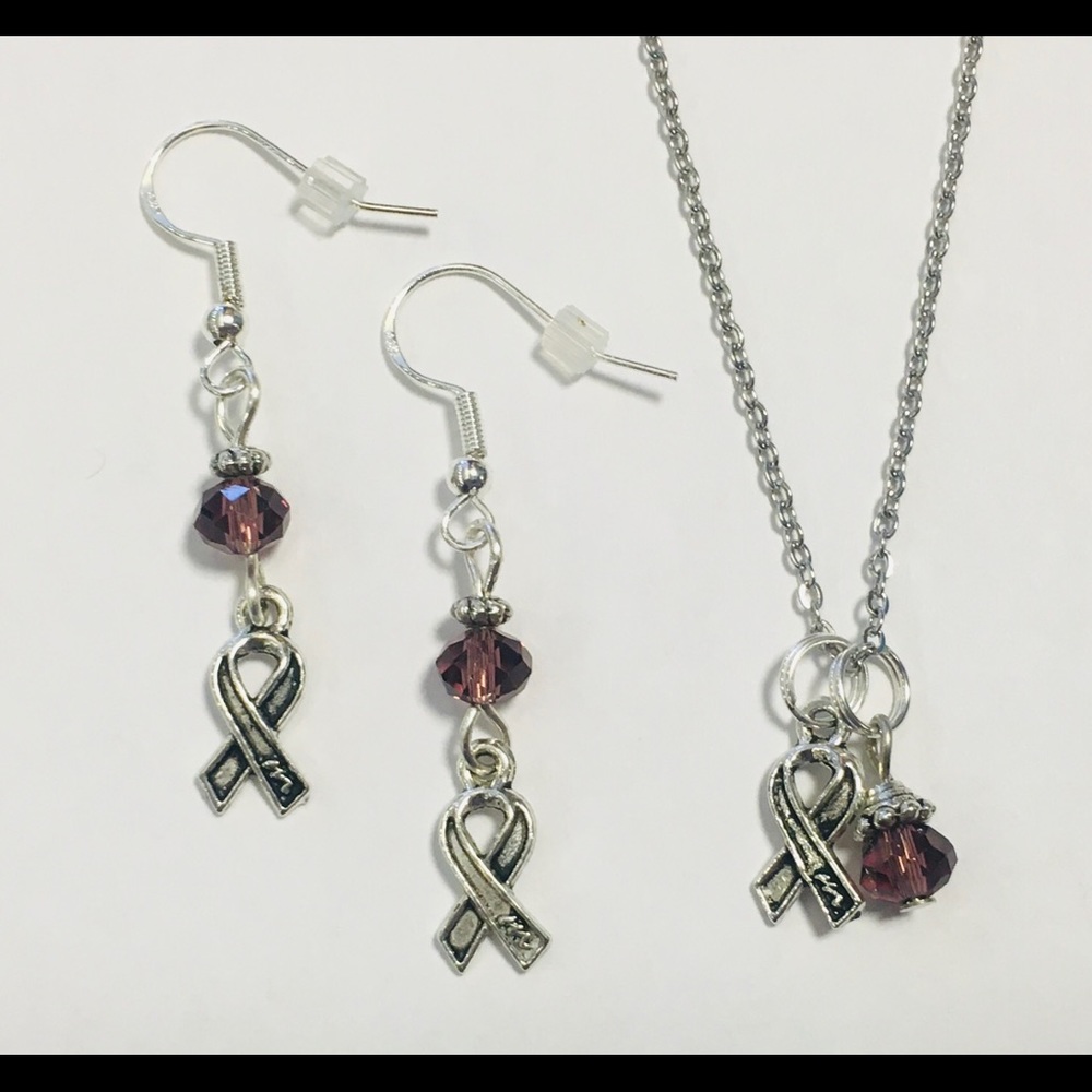 Purple Cancer Ribbon Survivor Necklace Set